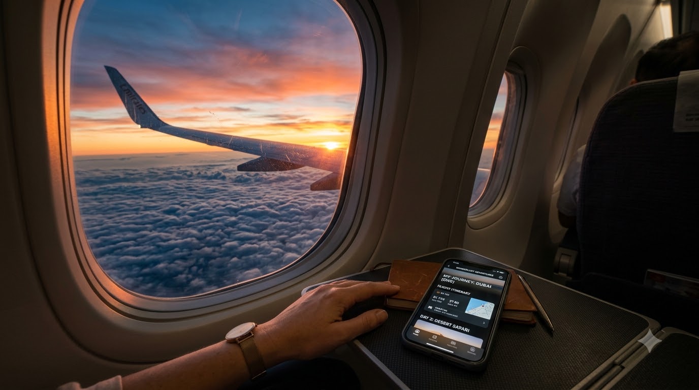 Airplane wing cruising through sky and clouds